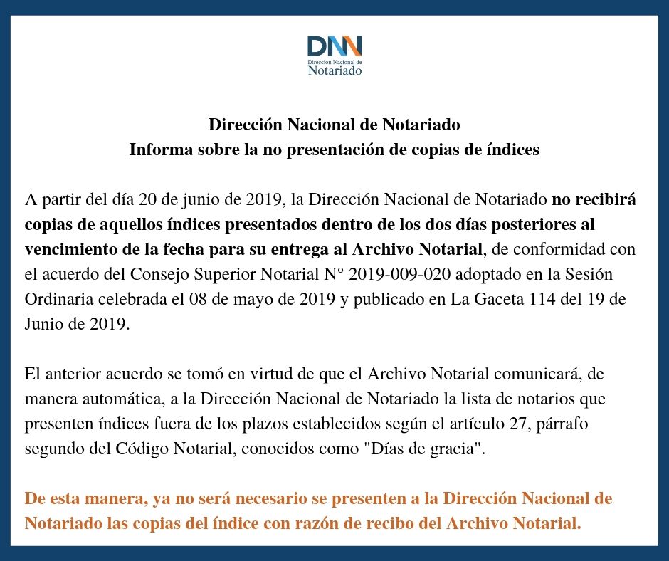 No presentación de copias de Índices a la DNN