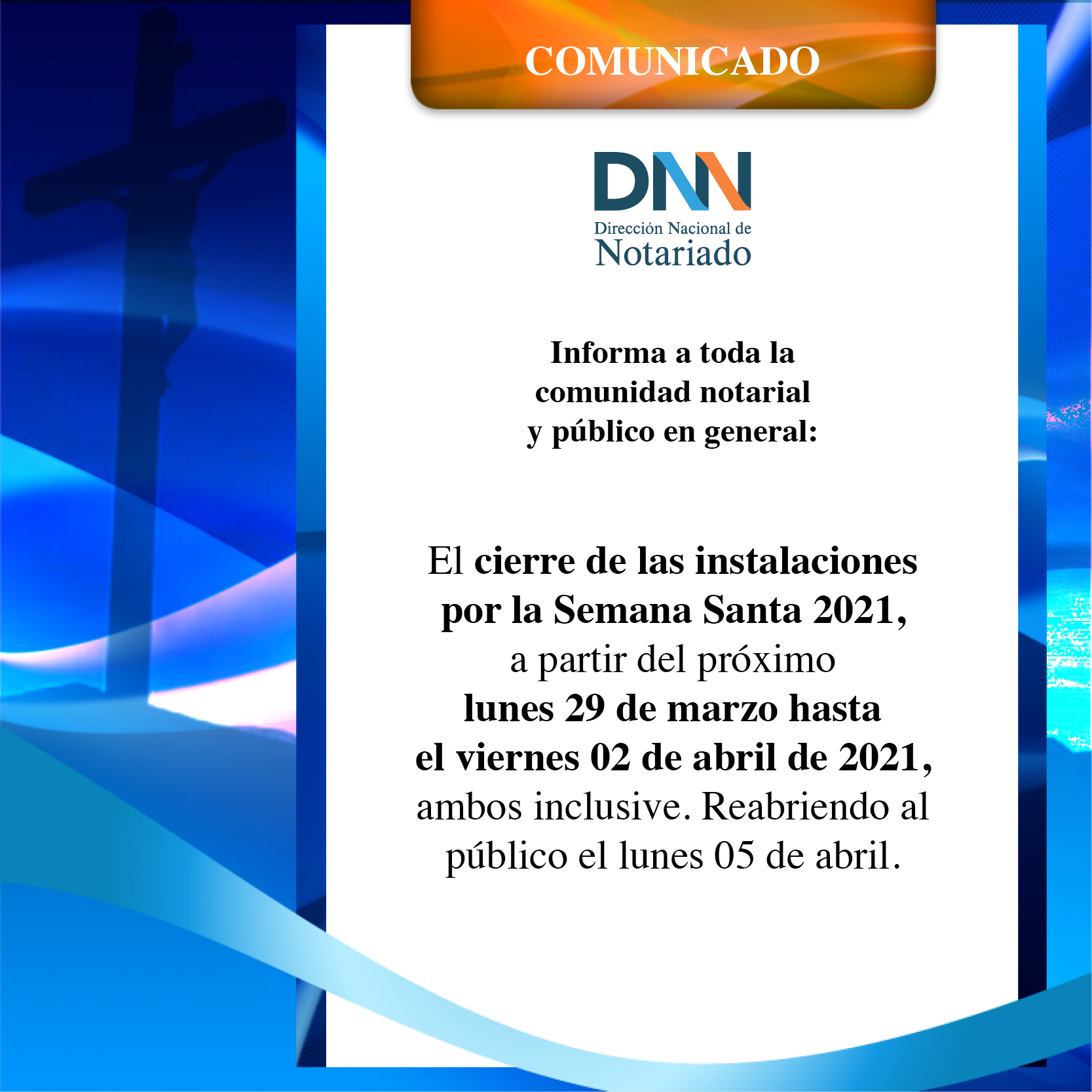 Cierre de instalaciones por Semana Santa 2021.