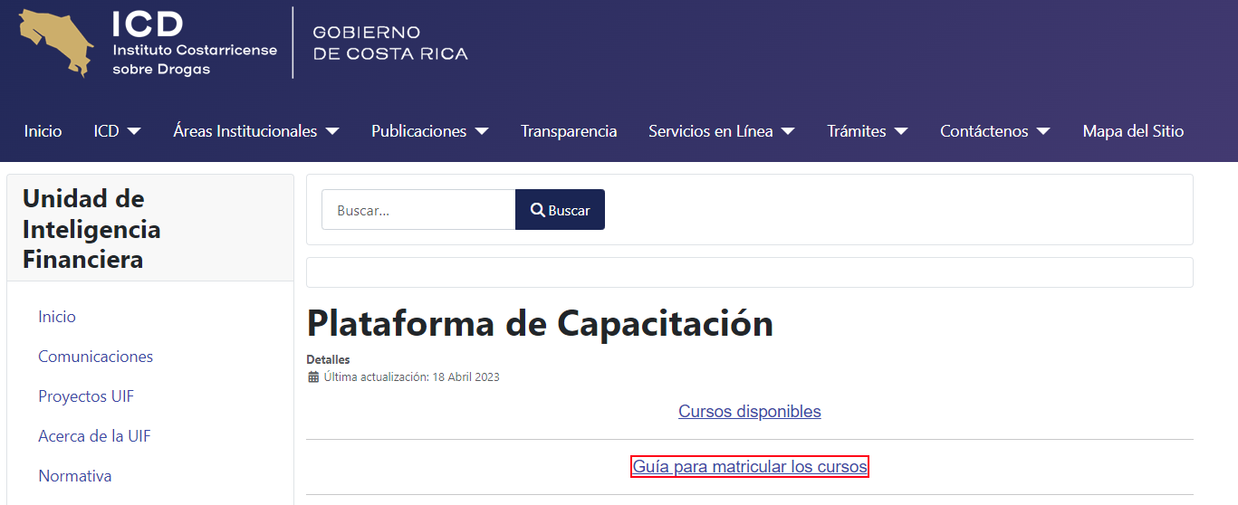 Captura página web oficial UIF- ICD