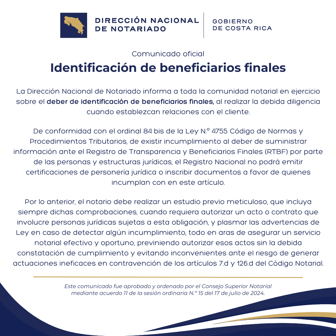 Comunicado oficial sobre beneficiarios finales
